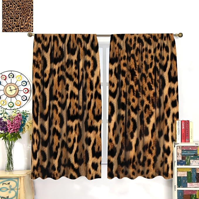 Leopard Print Blackout Curtains, Wild Animal Skin Black Brown Fur Leopard Print Rod Pocket Curtain Window Treatments 2 Panels Drapes for Nursery Living Room Bedroom Kitchen Decor 63"W X 63"L