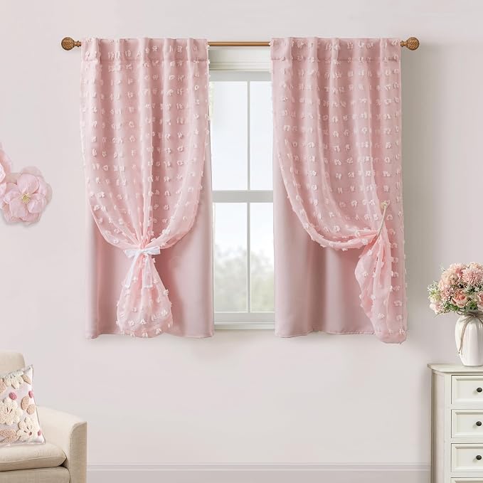 Lino Rosa Short Curtains for Bedroom Windows,Blackout Boho Pink Sheer Overlay Pom Pom Ruffle Double Layer Privacy Curtains for Nursery Girls Room Bathroom 45 Inch Length