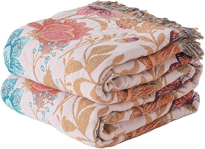 Phuryllic Boho Throw Blanket Full Size, Soft Cozy Cotton Muslin Quilt Blanket for Bed Decor, Floral Patterned Couch Sofa Chair Cover, Vintage Farmhouse Cottage Tapestry Woven Blanket, Coral&Green