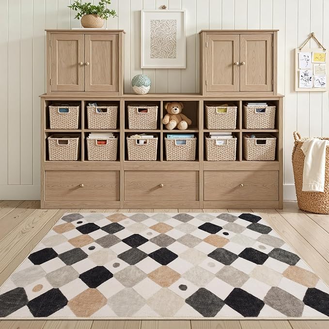 jinchan Macy 3x5 Area Rug for Kids Room Black and White Modern Colorful Checkered Diamond Nursery Rug Indoor Washable Soft Non Slip Carpet for Playroom Classroom Bedroom Living Room Marble on Cream