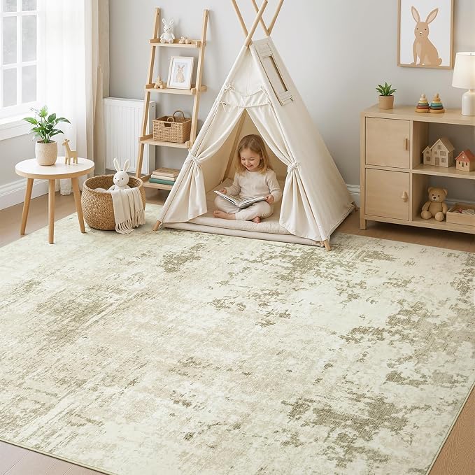 Rugflix 8x10 Area Rugs for Living Room, Washable Large Rug Stain-Resistant Low Pile, Modern Neutral Carpet for Dining Room Home Office Kid Room Nursery Bedroom, Beige