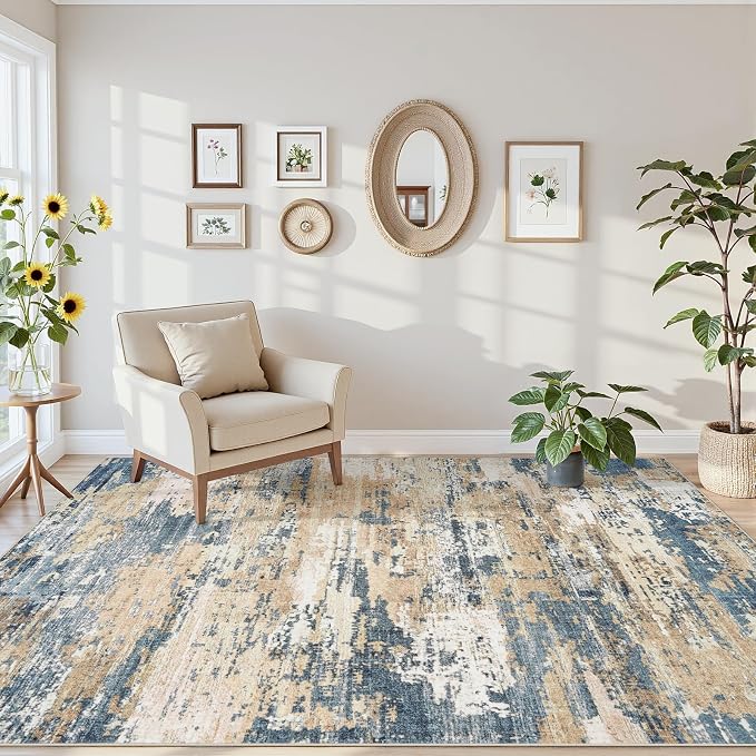 Area Rugs 5x7 Living Room: Large Soft Washable Rug Modern Abstract Anti-Skid Non-Shedding Carpet Indoor Floor Thin Carpets for Bedroom Dining Room Farmhouse Nursery Home Office Brown Blue