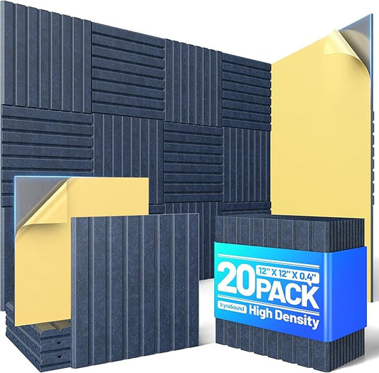 20 Pack Sound Proof Foam Panels for Walls, Acoustic Panels with Self-Adhesive 12" X 12" X 0.4" Slatted Soundproof Wall Panel, High Density Sound Absorbing Panel for Gaming Recoding Studio Decor-Blue