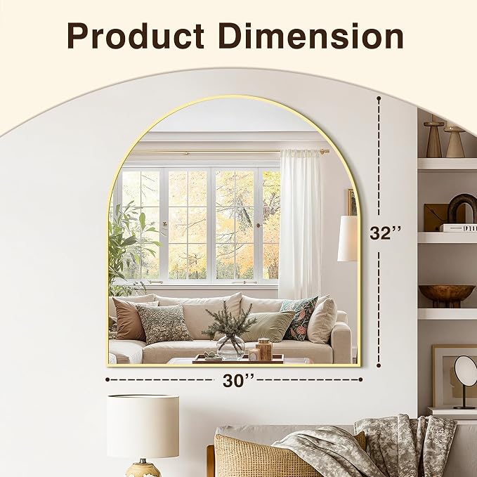 Vanity Bathroom Mirror for Wall, 32”x30” Arched Bathroom Mirror for Over Sink, Arched Metal Frame for Bedroom, Living Room, Entryway, Hanging or Leaning, Gold