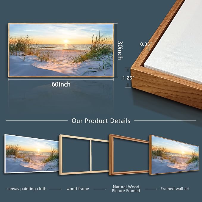 MHARTK66 Sunset Beach Wall Art for Living Room Golden Sunlight Sea Grass Dune Blue Ocean Seascape Picture HD Print On Canvas for Bedroom Office Home Decoration Framed Artwork Ready to Hang 30"x 60"