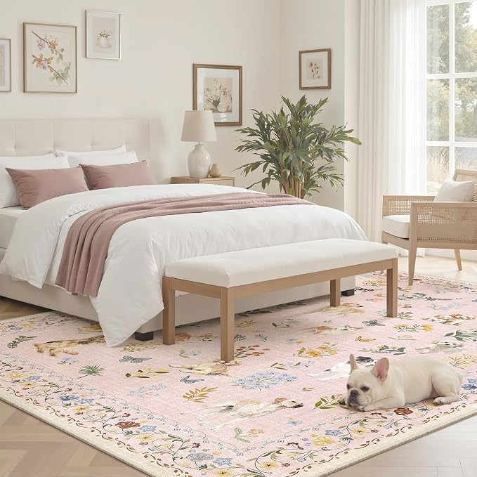 Soalmost Dog 6x9 Area Rugs for Living Room, Machine Washable Animal Floral Vintage Rug Non-Slip Low Pile Soft Throw Rugs for Bedroom Dining Room Kitchen Nursery Playroom (6 x 9,Pink)