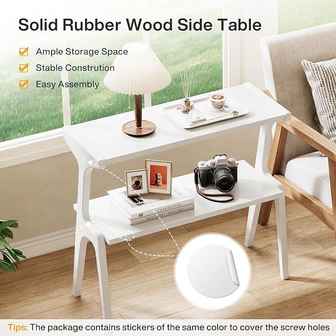 Tribesigns 2-Tier Solid Wood Side Table, Modern White End Table with Storage Shelves, Tall Slim Side Table for Couch with Unique Legs, Long Bedside Table for Bedroom, Living Room