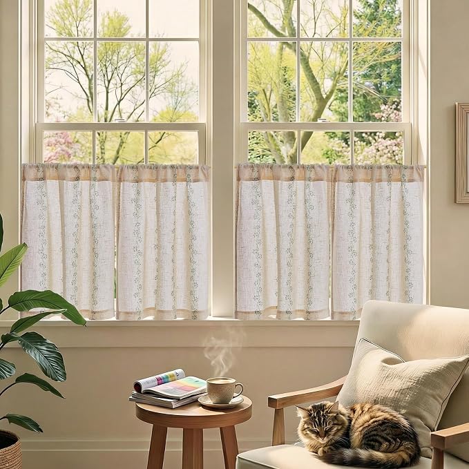 jinchan Katy Linen Floral Kitchen Curtains 24 Inches Length Stripe Cafe Curtains Farmhouse Cottagecore Tier Small Window Drapes for Living Room Light Filtering Rod Pocket 2 Panels Sage Green on Linen
