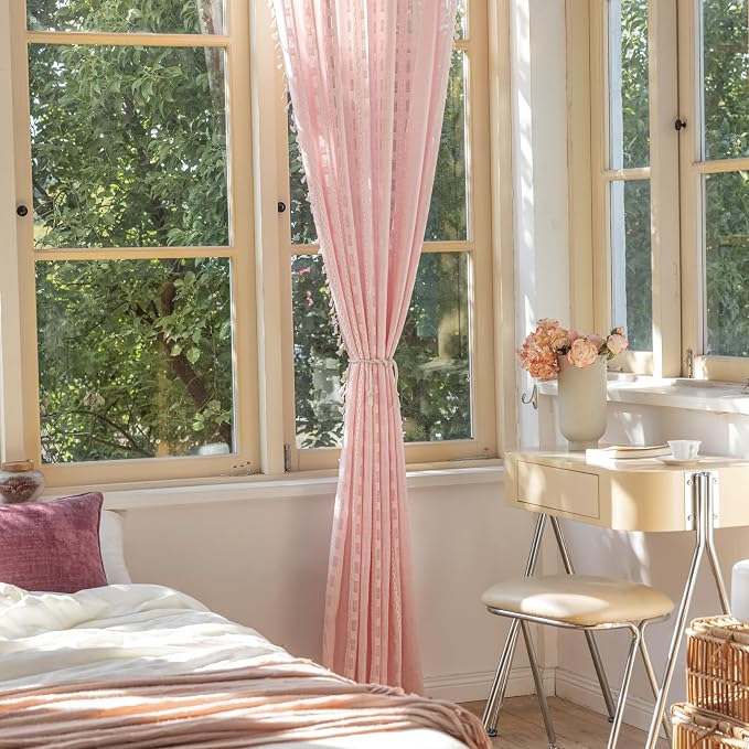 Deeprove Blush Pink Boho Curtain 84 inches Long for Living Room Bedroom, Vintage Bohemian Sheer Cotton Linen 84 inch Floor Length 7 FT Striped Embroidery Privacy Window Tassel W52 x L84, 1 Panel