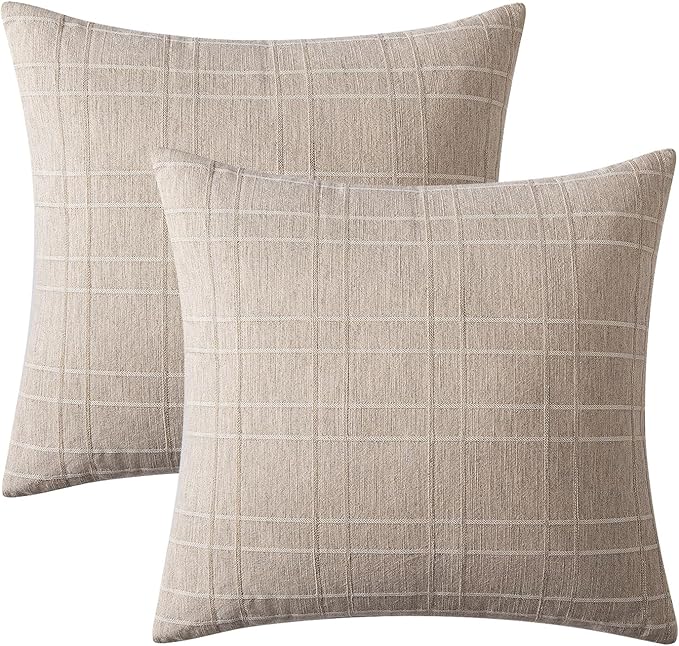 MIULEE Decorative Linen Check Throw Pillow Covers Neutral Farmhouse Vintage Pillow Covers 18x18 Set of 2 Boho Modern Home Decor for Sofa Couch Bedroom Cushion Natural Linen