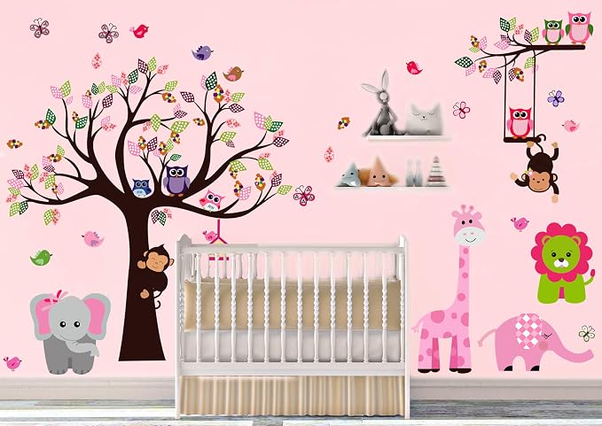 DEKOSH Pink Jungle Baby Nursery Wall Decal Peel & Stick Colorful Owl Giraffe Lion Animal Wall Stickers for Kids Room