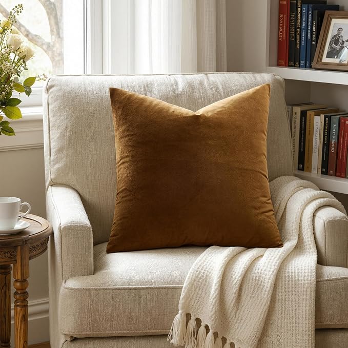 MIULEE Velvet Throw Pillow Covers 18x18 Inch, Pack of 2 - Golden Brown, Super Soft Decorative Square Cushion Cases Modern Luxury Home Decor for Sofa, Couch, Bed, Chair