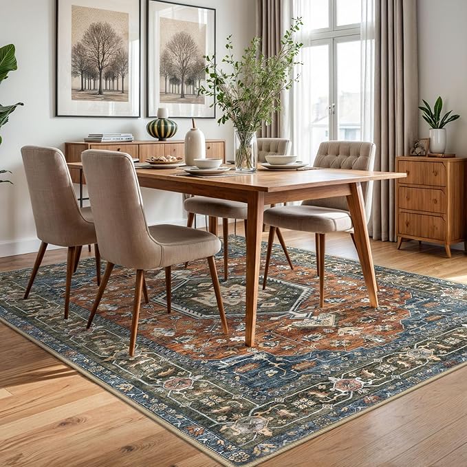 KUTA Area Rug 5x7 Brick Red, Vintage Washable Rugs for Living Room Ultra Soft Non-Slip Printed Tribal Traditional Farmhouse Carpet for Bedroom Dining Room Dorm Office Home Decor