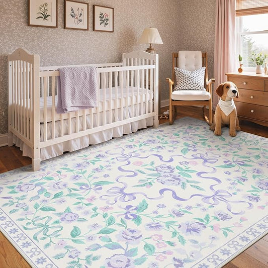 GENIMO 5X7 Washable Vintage Area Rugs for Living Room, Non-Slip Low Pile Chenille Print Rug, Soft Rugs for Bedroom Dining Room Home Office, Pastel Purple