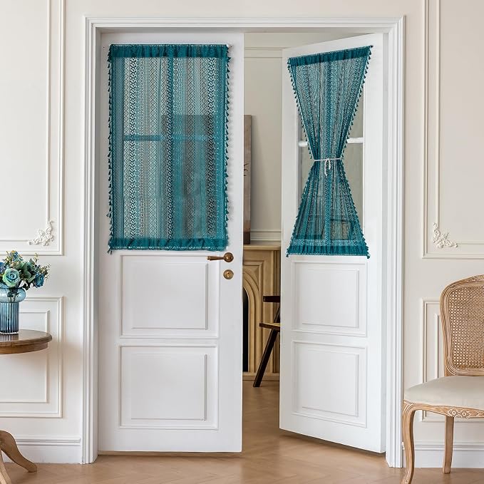 Sutuo Home French Door Curtains for Doorway Glass & Sidelights, Semi Sheer Door Window Curtains for Patio Vintage Chic French Country Tassels Privacy Drapes Rod Pocket 2 Panels 25" W x 40" L Teal