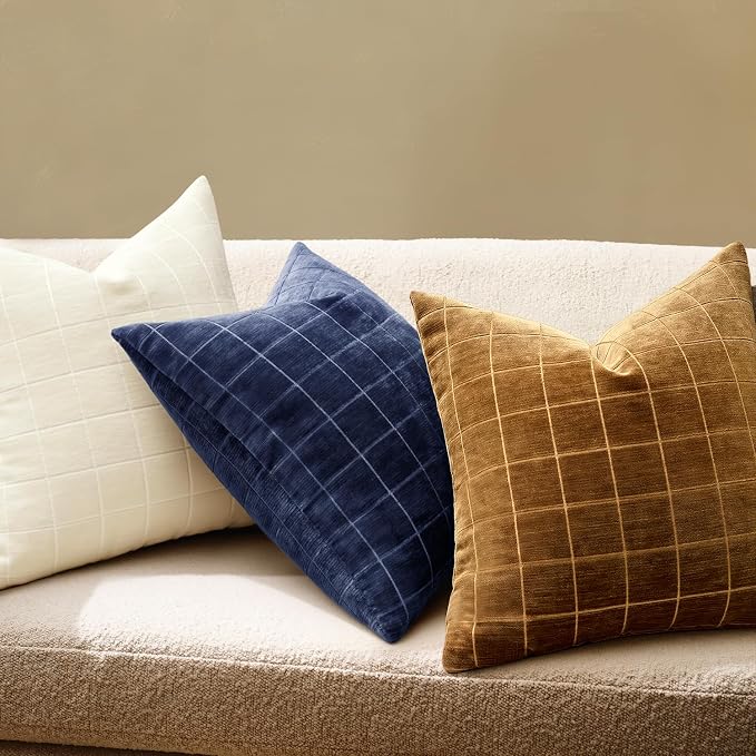MIULEE Brown Sugar Plaid Fall Decor Throw Pillow Covers 24x24 Set of 2 | Vintage Check Chenille Couch Pillows Boho Farmhouse Cushion Covers Modern Fall Home Decor for Sofa Bed Living Room