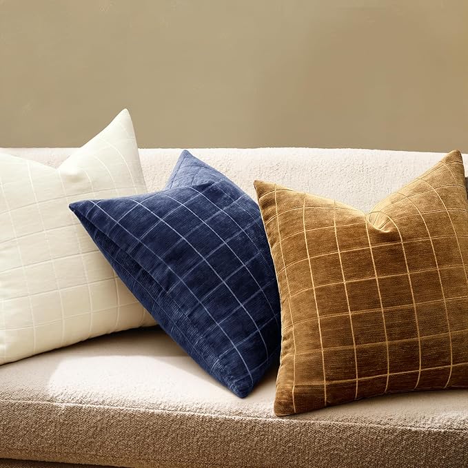 MIULEE Brown Sugar Plaid Fall Decor Throw Pillow Covers 18x18 Set of 2 | Vintage Check Chenille Couch Pillows Boho Farmhouse Cushion Covers Modern Fall Home Decor for Sofa Bed Living Room
