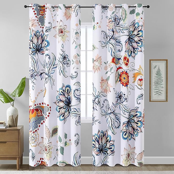 Estelar Textiler Blue Floral Print Blackout Curtains for Bedroom 108 inch Long 2 Panels,Boho Vintage Style Flower Curtains & Drapes, Grommet Window Drapes for Living Room/Bedroom,52x108 Inch