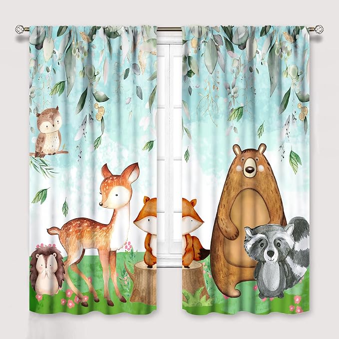 YCness Kid Forest Woodland Animal Fox Elk Bear Watercolor Print Curtains for Nursery Bedroom Living Room, Rustic Safari Wild Animal Blackout Window Drapes 2 Panel Set, 42x45 Inch