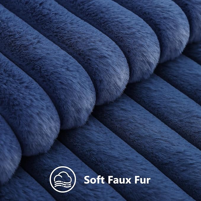 decorUhome Fall Cozy Faux Fur Throw Pillow Covers 26x26 Set of 2 Decorative Soft Plush Striped Coastal Modern Farmhouse Boho Couch Euro Sham Pillow Cases with Velvet Back for Sofa Bed, Blue