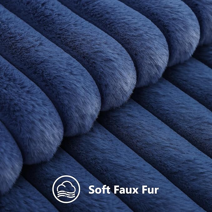 decorUhome Fall Faux Fur Throw Pillow Covers 20x20 Set of 2 Decorative Soft Plush Striped Coastal Coastal Modern Farmhouse Boho Couch Pillow Cases with Velvet Back for Sofa Bed Living Room, Blue