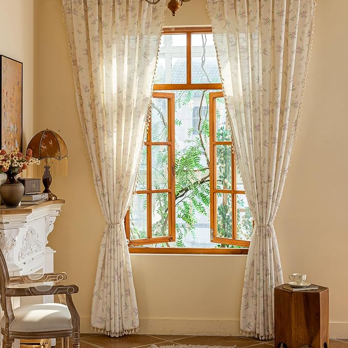 OYX Purple Floral Curtains 84 Inch Length Linen Farmhouse Curtain Rod Pocket Drapes for Living Room Bedroom Light Filtering Vintage Curtains, 2 Panels