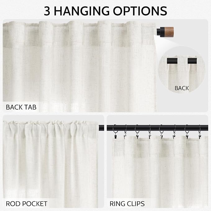 Nanspring Neutral Linen Curtains 120 Inches Long for Living Room Linen Sheer Curtain Back Tab Coastal Modern Farmhouse Floor to Ceiling Drapes for Bedroom Office High Window 52x120, 2 Panels
