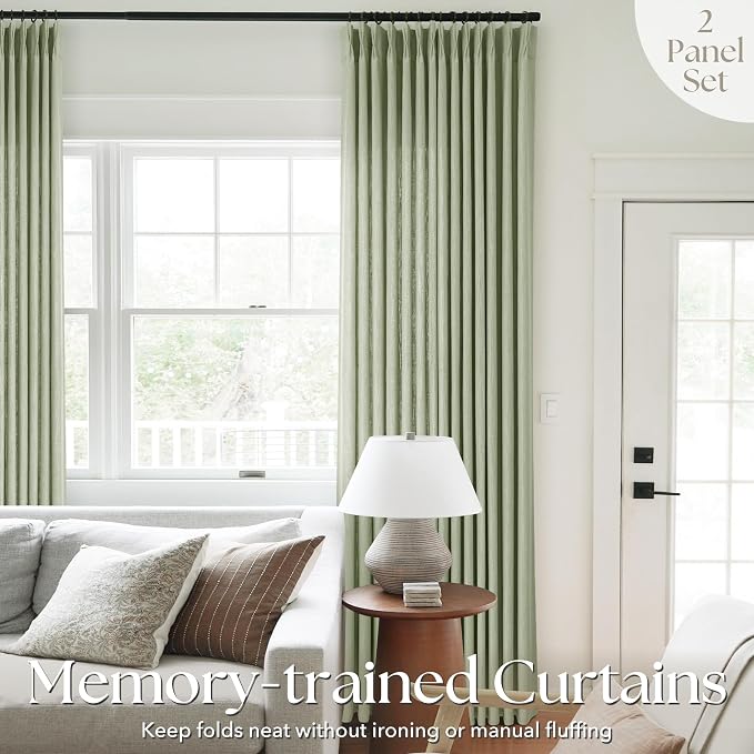 Pinch Pleated Sage Green Curtains 96 inch Long for Living Room 2 Panel Set Light Fitering Semi Sheer Light Green Linen Curtain with Pleat Hooks Rustic Farmhouse Sage Drapes 8 ft Length 40"x96"