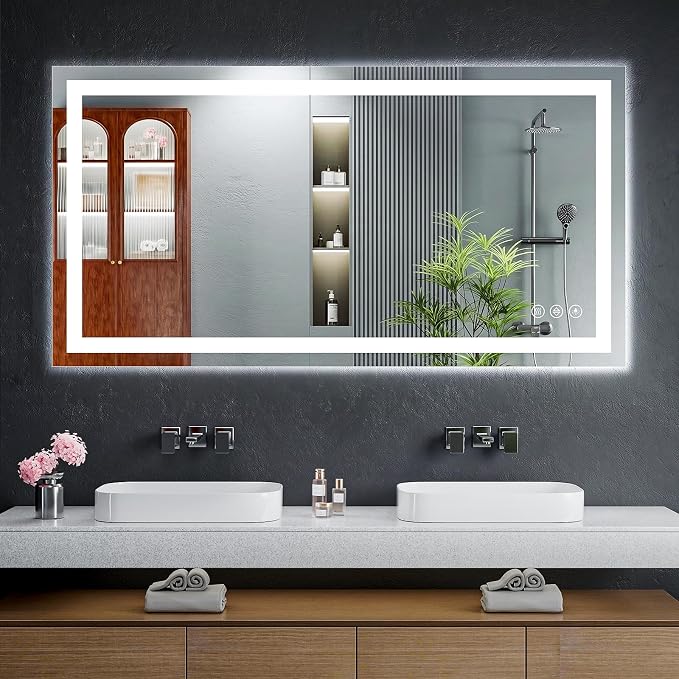 50"x24" LED Bathroom Mirror with Lights for Vanity, Anti-Fog & Dimmable 3-Color, Stepless Brightness Adjustable Wall Mounted Mirror for Bathroom Makeup Shaving