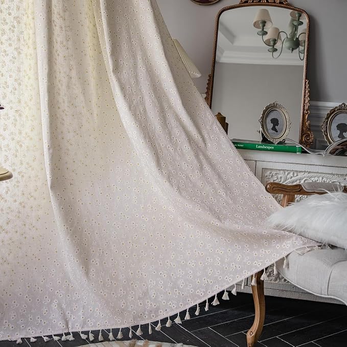 OYX Boho Floral Curtains 63 Inch, Farmhouse Country Flower Drapes with Tassels, Light Filtering Semi Sheer Curtains for Living Room Bedroom Laundry, 2 Panels, 52" W Each
