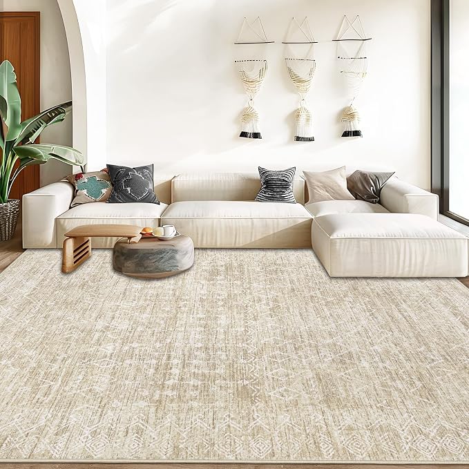 Area Rug Living Room Rugs 5x7 - Large Soft Boho Geometric Rugs, Non-Slip Foldable Washable Area Rug Non Shedding Morden Indoor Floor Carpet for Living Bedroom Office Dining Room(Moroccan Beige, 5'x7')