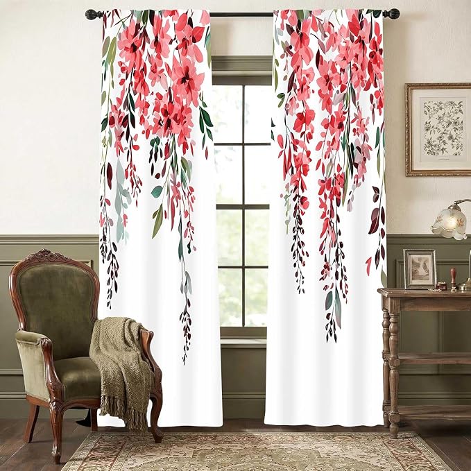 Red Watercolor Floral Curtains, Botanical Leaves Vine Flowers Curtain, Rustic Farmhouse Flower Leaf Blackout Window Treatment Drapes for Bedroom Living Room 52x72 inch, 2 Panels