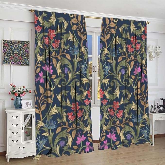 William Morris Flower Blackout Curtains, Retro Botanical Vintage Floral Leaves Window Drapes, for Bedroom Living Room 63" W X 72" L