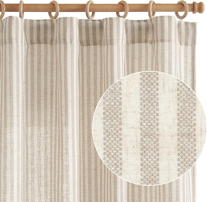 jinchan Linen Curtains 96 Inch Taupe Grey Stripe on Beige Back Tab 2 Panels | Curtains For Living Room Bedroom,Ticking Stripe, Farmhouse Cottage Core Rustic,Rod Pocket Window Treatment,Light Filtering