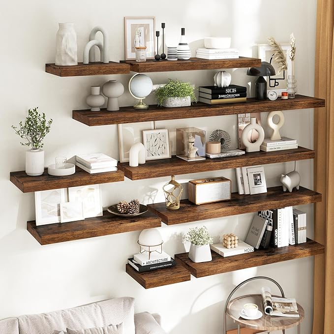 36 Inch Floating Shelves for Wall 2 Pack, 12"D Wood Grain Bathroom Shelves with Invisible Brackets, Easy Install Engineered Wood Storage Shelves for Kitchen, Living Room, Bedroom, Rustic Brown Finish
