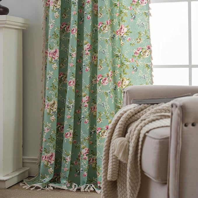 OYX Floral 96 Inch Curtains for Living Room Green Drapes Bedroom Semi Sheer Rod Pocket Long Window Curtains 2 Panel Sets Boho Farmhouse Vintage Light Filtering Window Treatments