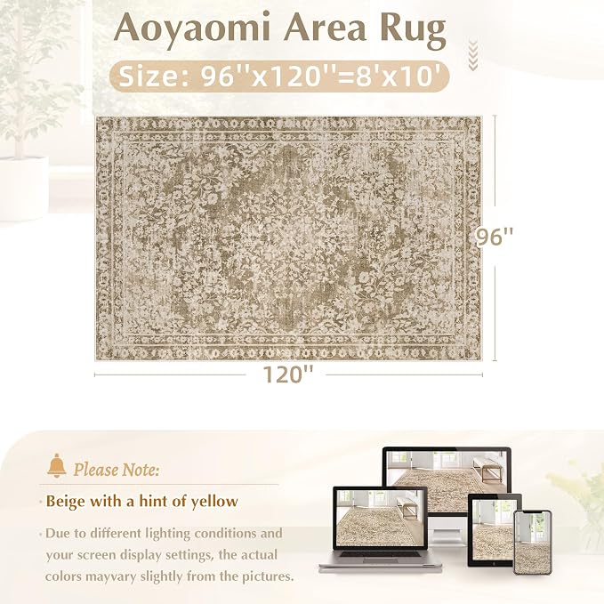 Vintage Living Room Area Rug - 8x10 Large Machine Washable Boho Area Rug Distressed Floral Rugs for Bedroom, Soft Non-Slip Indoor Floor Accent Rugs for Office Dining Room (Floral Brown, 8'x10')