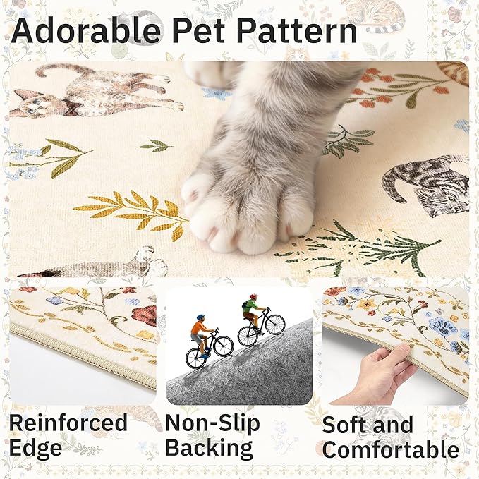 Soalmost Cat 8x10 Area Rugs for Living Room, Machine Washable Animal Floral Vintage Rug Non-Slip Low Pile Soft Throw Large Rugs for Classroom Bedroom Dining Room Nursery Playroom (8 x 10,Beige)