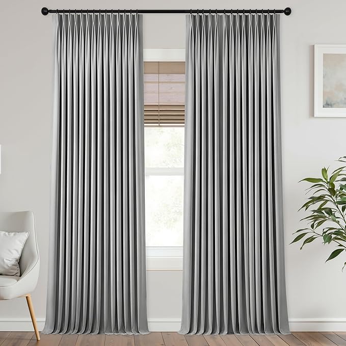 Mrs.Naturall Pinch Pleated Curtains Blackout 96 Inches Long 2 Panel Set,Light Grey Linen Black Out Curtains for Bedroom Windows Living Room