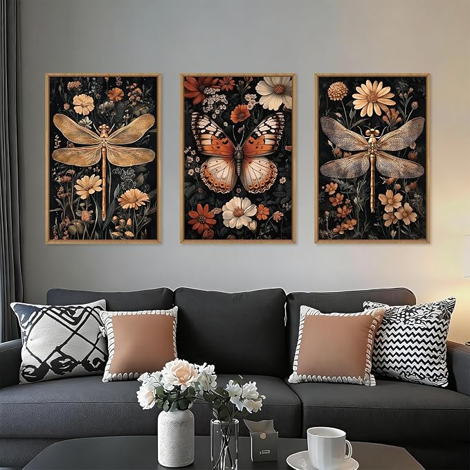 Large Vintage Butterfly Dragonfly Framed Canvas Wall Art Set,Retro Dark Academia Animal Floral Botanical Wall Decor,Moody Insect Wildflower Artwork for Living Room,Bedroom,Farmhouse-16 x24 x3
