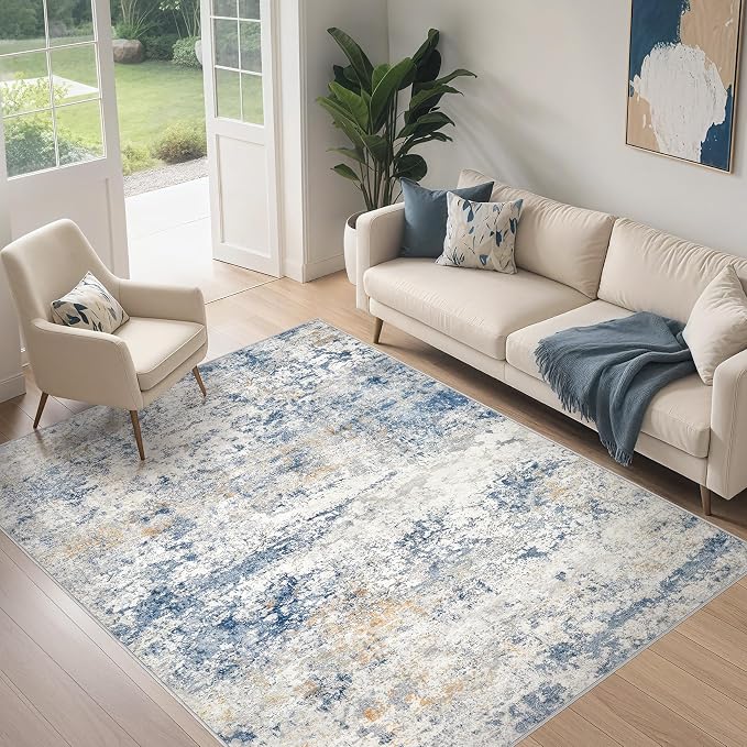 DMOYEST Area Rug Living Room Rugs - 4x6 Abstract Large Soft Indoor Washable Rug Neutral Modern Low Pile Carpet for Bedroom Dining Room Farmhouse Home Office - Blue