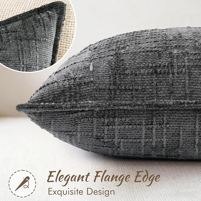 decorUhome Chenille Throw Pillow Covers 26x26 Set of 2, Thick Textured Slubby Neutral Decorative Pillow Covers with Elegant Design for Couch, Sofa, Living Room, Dark Grey