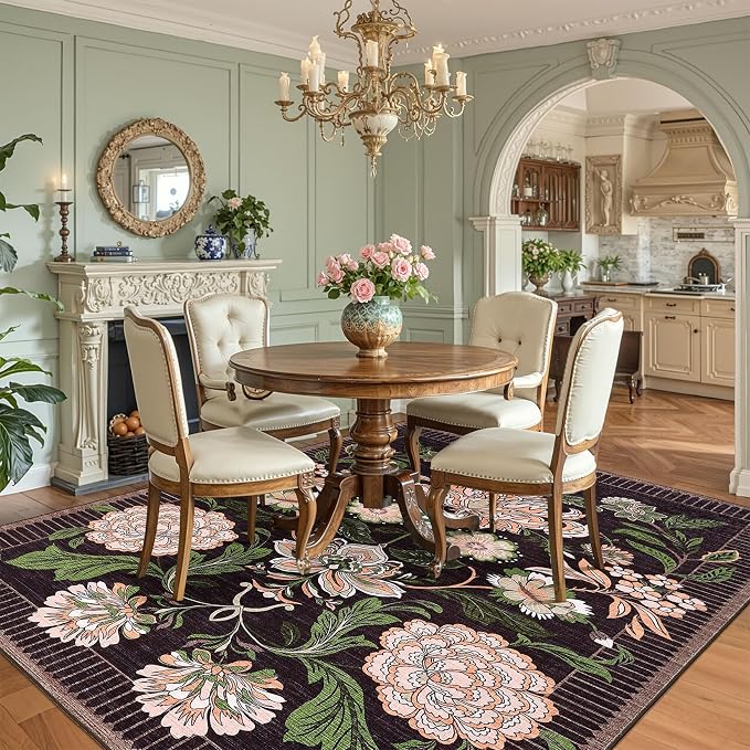 GarveeHome Plum Pink Floral Botanical Washable 9x12 Area Rug for Living Room Soft Black Purple Vintage Boho Cottage Large Rugs Low Pile Carpet for Bedroom Dining Nursery Rug