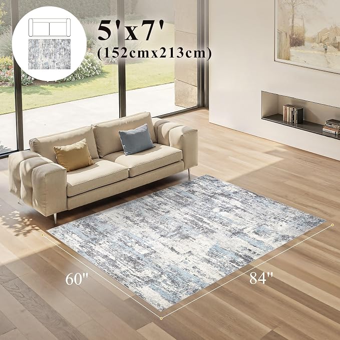 Area Rugs 5x7 Living Room: Washable Large Abstract Modern Neutral Soft Rug Stain Resistant Non-Slip Backing Carpet for Bedroom Dining Room Indoor Nursery Dorm Home Office Decor - Blue Grey