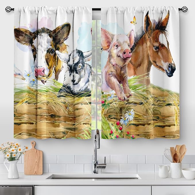 Aimego Country Farmhouse Kitchen Curtains - Cow Horse Pig Farms Short Cafe Small Short Window Curtains Over Sink for Bathroom Living Dining Room Rod Pocket Drapes 30 Inch Length 2 Panel 28"x30"
