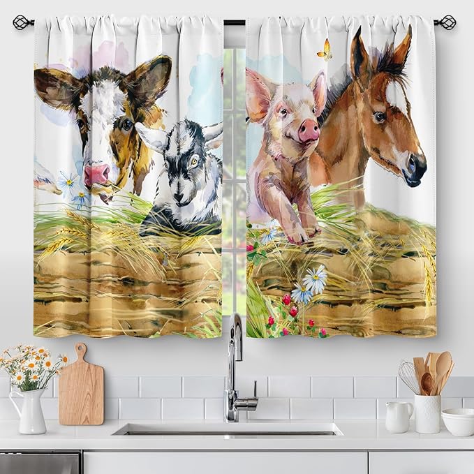 Aimego Country Farmhouse Kitchen Curtains - Cow Horse Pig Farms Short Cafe Small Short Window Curtains Over Sink for Bathroom Living Dining Room Rod Pocket Drapes 45 Inch Length 2 Panel 28"x45"
