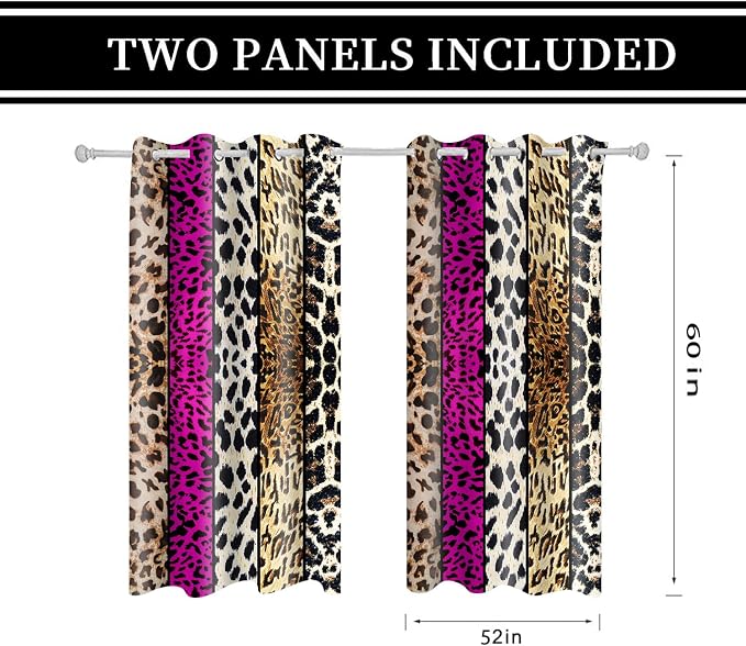 Wild Animal Print Curtain, Room Darkening Thermal Insulated Blackout Leopard Boa Window Drapes with Grommets for Living, Dining, Bedroom, Hot Pink Leopard Print, 52"x 60", 2 Panels