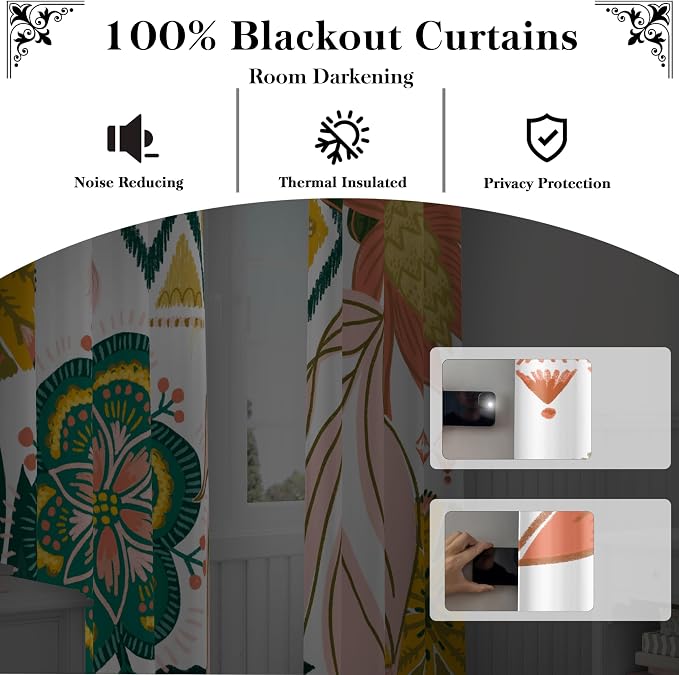 Tyrot White Boho Floral 100% Blackout Curtains for Living Room 84 inch Long 2 Panels Mid Century Botanical Black Out Curtains for Bedroom Grommet Thermal Insulated Room Darkening Window Drapes,52Wx84L