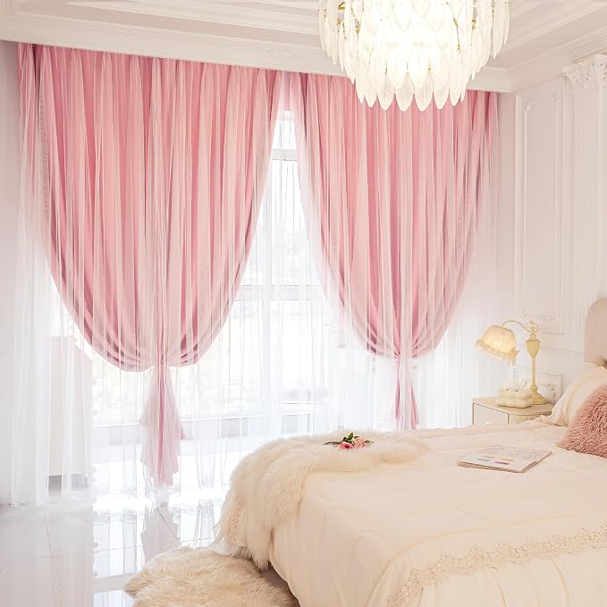XiDi Pink Blackout Curtains for Girls Bedroom Living Room 63 Inches Long 2 Panels Thermal Insulated Double Layer Curtains with Sheer Overlay Lace Hem for Nursery Kids Princess Grommet Drapes 34Wx63L