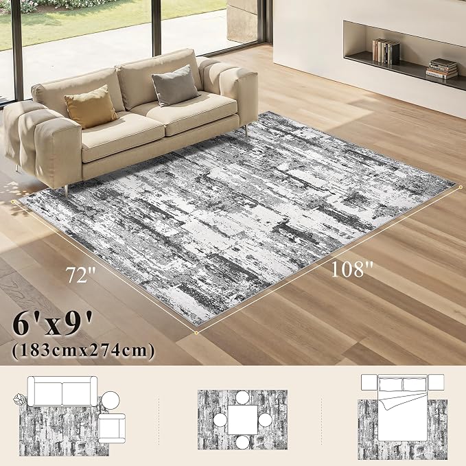 Area Rugs 6x9 Living Room: Washable Large Abstract Modern Neutral Soft Rug Stain Resistant Non-Slip Backing Carpet for Bedroom Dining Room Indoor Nursery Dorm Home Office Decor - Black Grey
